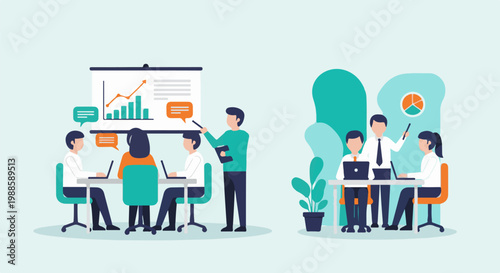 Two teams in a modern office setting, presenting data with charts and engaging in discussions