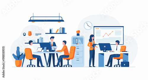 Office workers collaborate on projects at their desks, a whiteboard displays data
