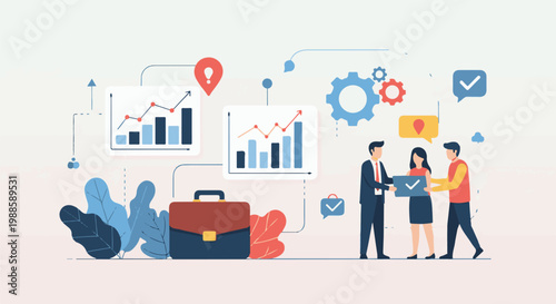 Business team collaborating on a project with charts, gears, and symbols