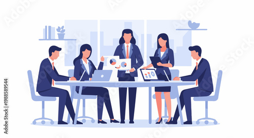 A diverse team of professionals discusses charts and graphs in a modern office meeting room