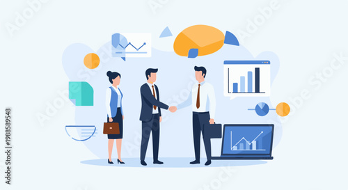 Business professionals collaborate on a deal with data visualizations