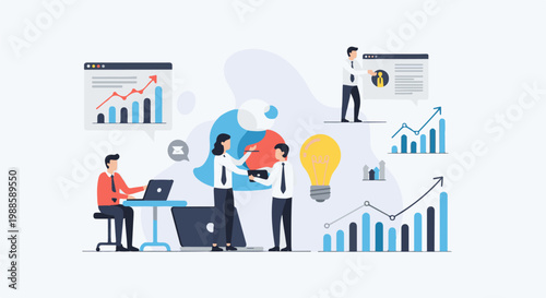 Business team collaborating on growth, analyzing data, and brainstorming ideas with a lightbulb