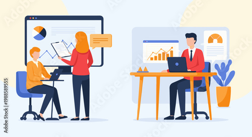 Colleagues analyze financial charts, discuss data on digital screens in office setting