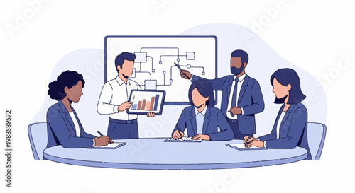 Diverse business team collaborates, presenting data and charts in a modern meeting room