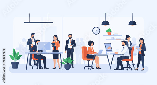 Colleagues collaborate in modern office spaces, working on computers and discussing tasks