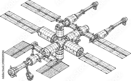 Modular space station with solar panels and robotic docking arms sketch vector illustration futuristic orbital habitat engineering design