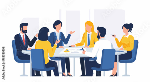 Six professionals in a meeting, discussing reports and charts at a table