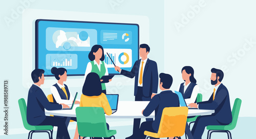 Team in a business meeting discussing graphs on a large screen