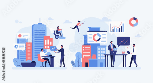 A stylized city skyline with diverse individuals engaged in business activities, working on laptops, and analyzing charts