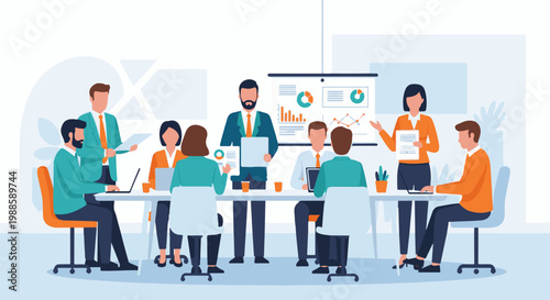 Business meeting with people discussing charts and graphs on a projector