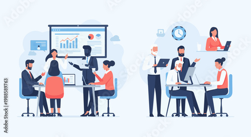 Professionals collaborate in modern office meetings, analyzing charts and using laptops