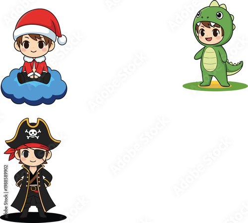 Set of Cute Chibi Boy Characters Wearing Dinosaur, Pirate, and Santa Claus Costumes for Kids Celebration, Party Invitations, Stickers, and Vector Graphic Design