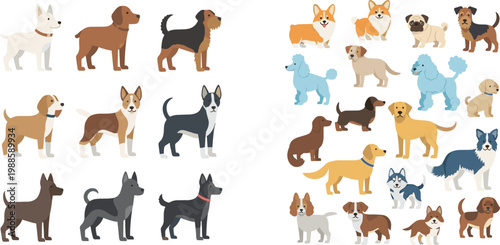 Cute Flat Design Dog Breed Collection Set with Various Colorful Cartoon Puppy Characters for Pet, Veterinary, and Animal Lover Designs