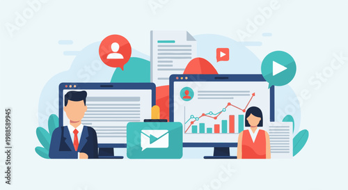 Flat design illustration of business people analyzing data on computers and charts