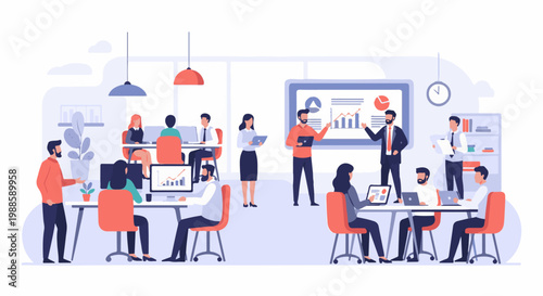 Diverse team collaborating and presenting data in a modern office environment
