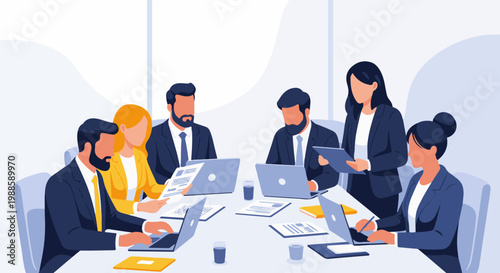 A team of professionals in suits are engaged in a productive meeting, reviewing documents and using laptops around a conference table