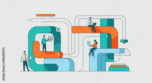 Teamworking with laptops in a stylized, abstract system of pipes and platforms