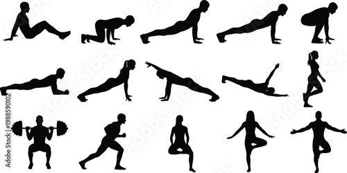 Fitness exercise silhouette set, yoga poses, plank, pushups, weightlifting barbell squat, running man, balance tree pose, gym workout training vector.