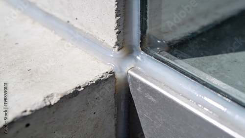 Close-up of silicone sealant applied along tile and window joints. Detail of sealing process in construction, waterproofing and home renovation.
