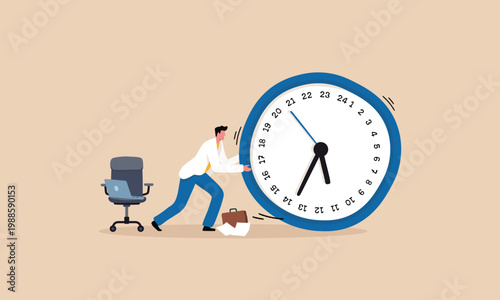 Man struggling to push a giant clock. Symbolizing time management challenges