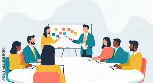 Diverse professionals attend a meeting, a presenter points to colorful notes on a whiteboard