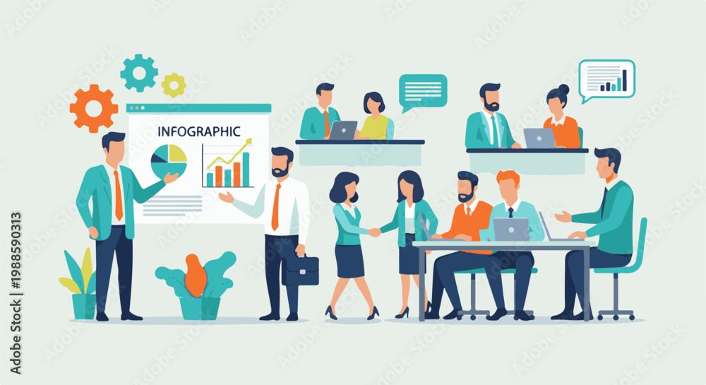 Obraz premium Business team collaborates on infographic presentation, showcasing data visualization and teamwork