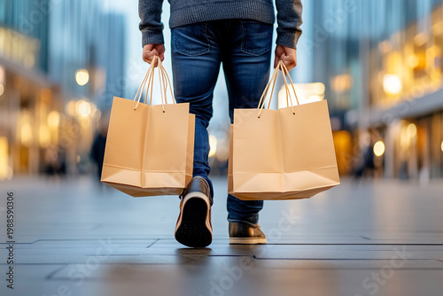 A man walks through a city after shopping, carrying two paper bags
