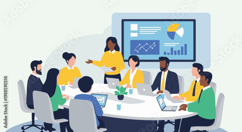 Diverse business team in a meeting, presenting data on a screen