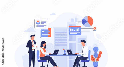 Employees collaborate around a table with laptops, discussing charts and data visuals