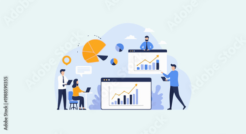 Team of professionals analyzing data and charts on screens in an office setting