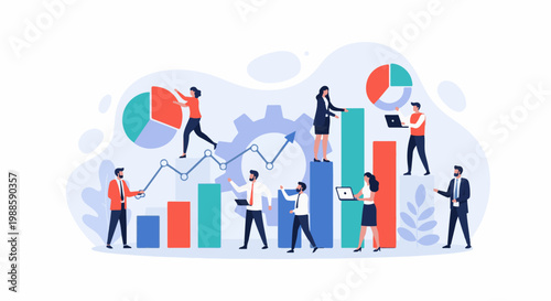 Business professionals collaborate on growth charts, analyzing data on laptops and charts