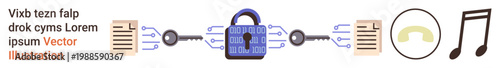 Digital security, data encryption, file protection, cybersecurity tools, technology, secure communication. Central lock with connecting files and musical note. Cybersecurity and data encryption