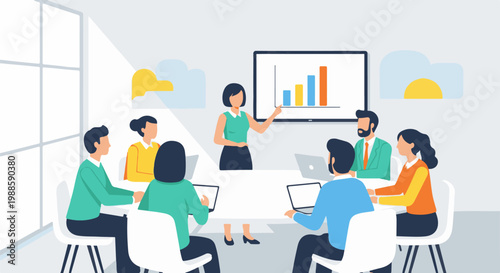 Diverse team engaged in a meeting, with a presenter showing a growth chart on a screen