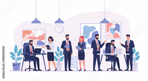 Professionals collaborate in a modern office setting, engaged in discussions and tasks