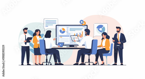 Diverse professionals collaborate in a modern office, analyzing data and charts on a large screen