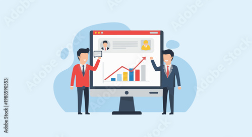 Two businessmen celebrate a successful graph on a computer screen