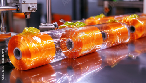 Orange plastic spools are being processed on a modern industrial machine, showcasing a close-up view of the manufacturing process