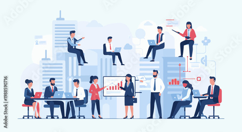 Business meeting with people collaborating and analyzing data in a modern city setting