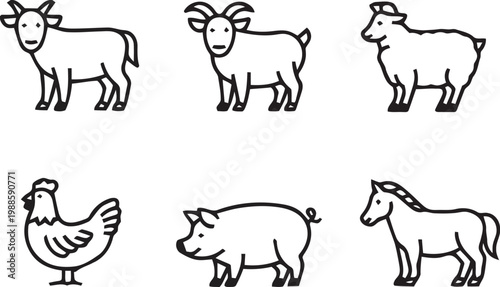 Set of Farm Animal Icons in Line Art Style