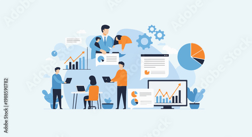 Colleagues collaborate on data analysis, with charts and computers