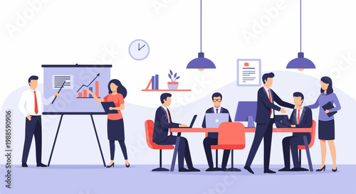 Business professionals collaborate in an office setting, presenting data and working on laptops