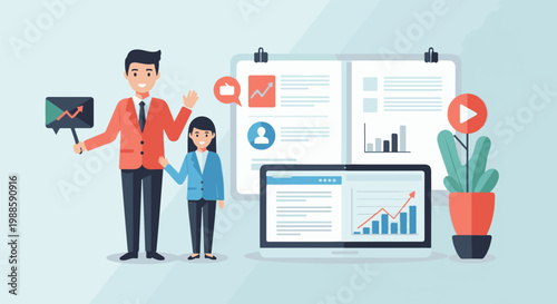 Business professionals analyzing growth charts and data on various screens