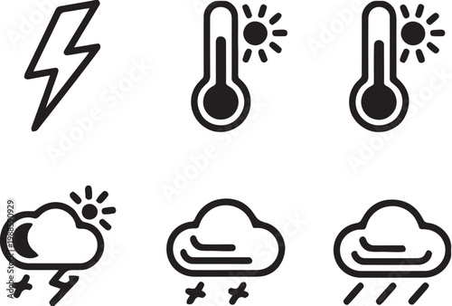 Set of Weather Icons Featuring Storms, Temperature, and Precipitation