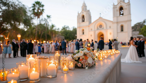 Romantic wedding ceremony at a church, with candles and flowers creating a magical atmosphere
