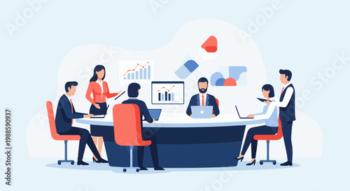 Diverse professionals collaborate around a modern conference table, discussing charts and graphs