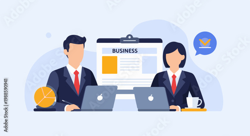 Colleagues collaborating at desks with laptops and charts, a business document displayed