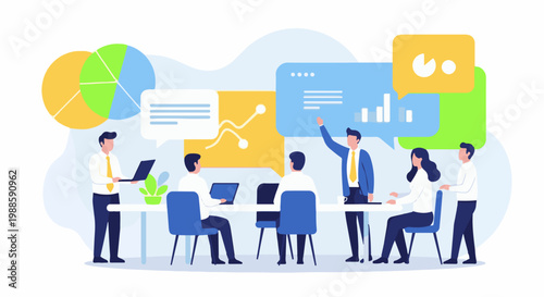 Diverse professionals collaborate around a table, discussing data and charts in a modern office setting