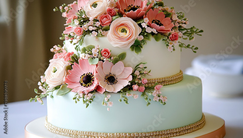A beautiful two-tiered wedding cake adorned with delicate pastel flowers, creating a romantic and elegant centerpiece