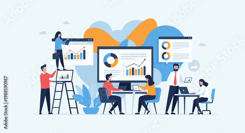 Diverse team collaborates on a business strategy, analyzing charts and graphs on screens