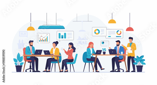 Colleagues collaborate and analyze data in a modern office setting